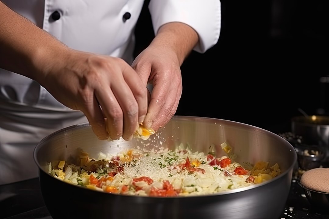 manos de coocinero especiando un plato